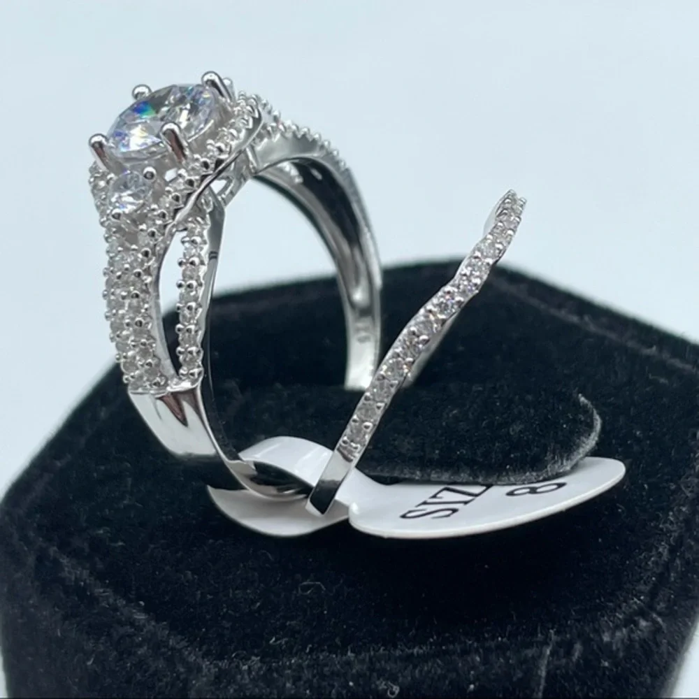 New 925 Sterling Silver CZ Diamond Bridal Wedding Ring Set Halo 2 Band